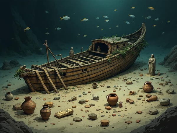 Antikes Schiffswrack auf dem Meeresboden mit Artefakten wie Amphoren und Statuen.